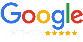 Google logo with the word "Reviews" and five gold stars below it, indicating a five-star rating.