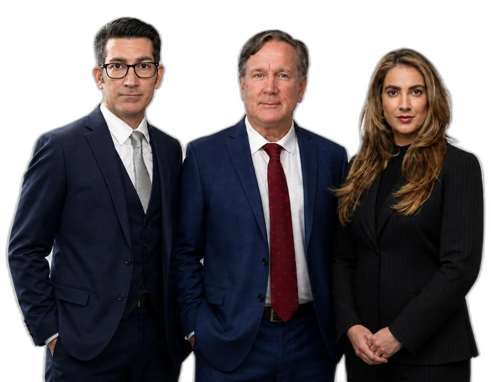 Three people in business attire stand side by side against a plain background, looking directly at the camera with neutral expressions.