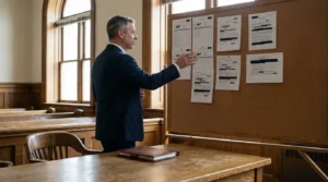 attorney presenting redacted documents pinned to corkboard in courtroom