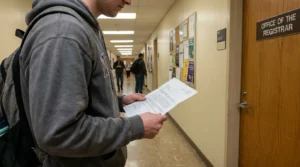 student reading document in hallway outside Office of the Registrar