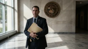 suited official holding case folder before Department of Justice seal in marble hallway