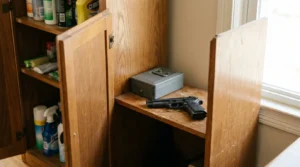 unsecured handgun and metal lockbox stored on open wooden cabinet shelf