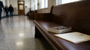 Illinois Criminal Code book and legal documents resting on courthouse hallway bench