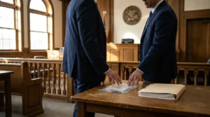 two attorneys standing at courtroom table reviewing legal documents and case files