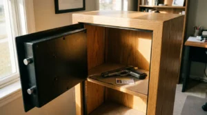 open home gun safe containing handgun and identification card inside