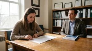 woman reviewing legal documents at desk with attorney and framed credentials on wall
