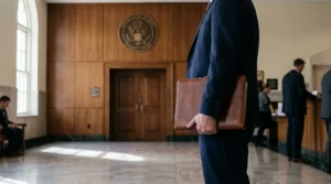 suited attorney holding leather portfolio inside federal courthouse with U.S. seal