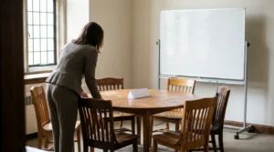 professional woman in suit leaning over round conference table with whiteboard