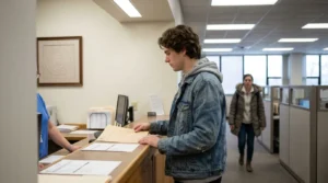 young man submitting documents at official office reception counter with framed certificate