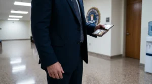 suited agent displaying FBI badge and credentials inside FBI office hallway