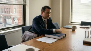 suited attorney seated at conference table with legal binders and documents