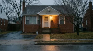 brick bungalow home exterior with porch light illuminated at dusk and yard sign