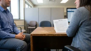 two people seated across desk with Eligibility Checklist document during office meeting