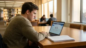 young man studying laptop displaying 38.1% statistic in university library
