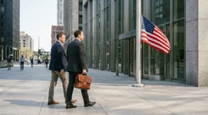 two attorneys in suits carrying briefcase walking past federal courthouse with American flag
