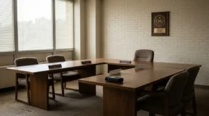 empty deposition room with U-shaped wooden tables, chairs, and wall plaque