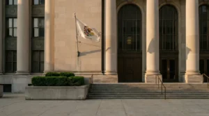 Illinois state flag flying outside neoclassical government courthouse entrance with columns