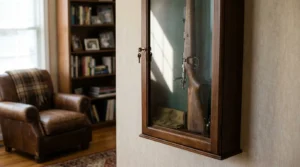 locked glass gun cabinet mounted on wall displaying secured rifle in home