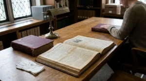 person reviewing aged legal volumes and open document at wooden library desk
