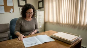 woman reviewing Medicare Administrative Contractor document at office desk with filing cabinet