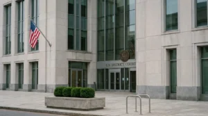U.S. District Court building entrance with American flag and eagle seal