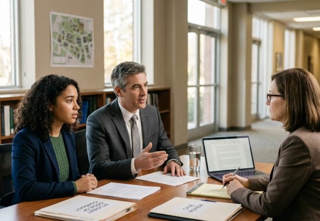 Three professionals in business attire have a discussion at a table in an office with documents, folders, and a laptop in front of them.