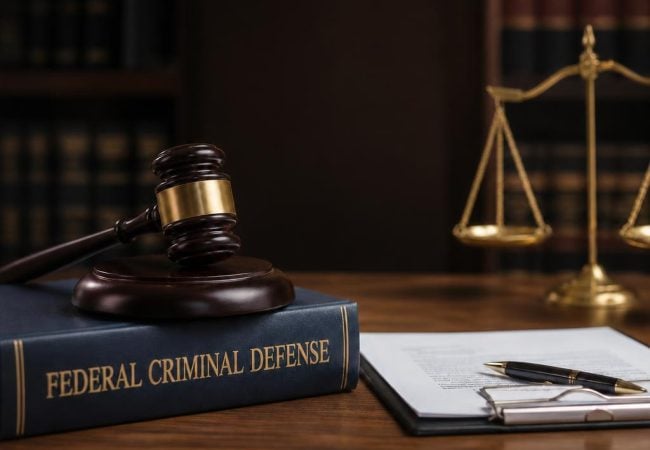 A judge’s gavel rests on a book titled "Federal Criminal Defense," with legal documents, a pen, and a balance scale on a wooden desk.