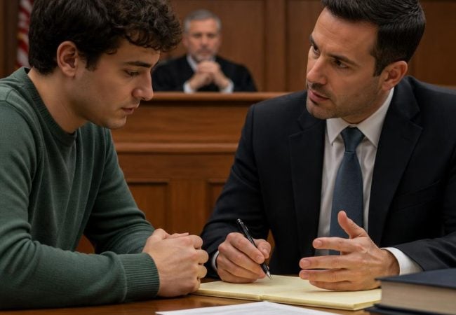 A man in a suit speaks to a young man in a courtroom, with a judge seated in the background. Legal documents and books are on the table in front of them.