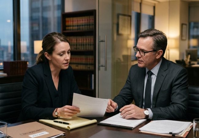 Two professionals in business attire review documents together at an office desk with files, notebooks, and a laptop.